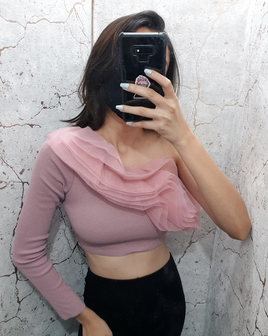 Dusky Pink One Shoulder Organza Ruffle Croptop