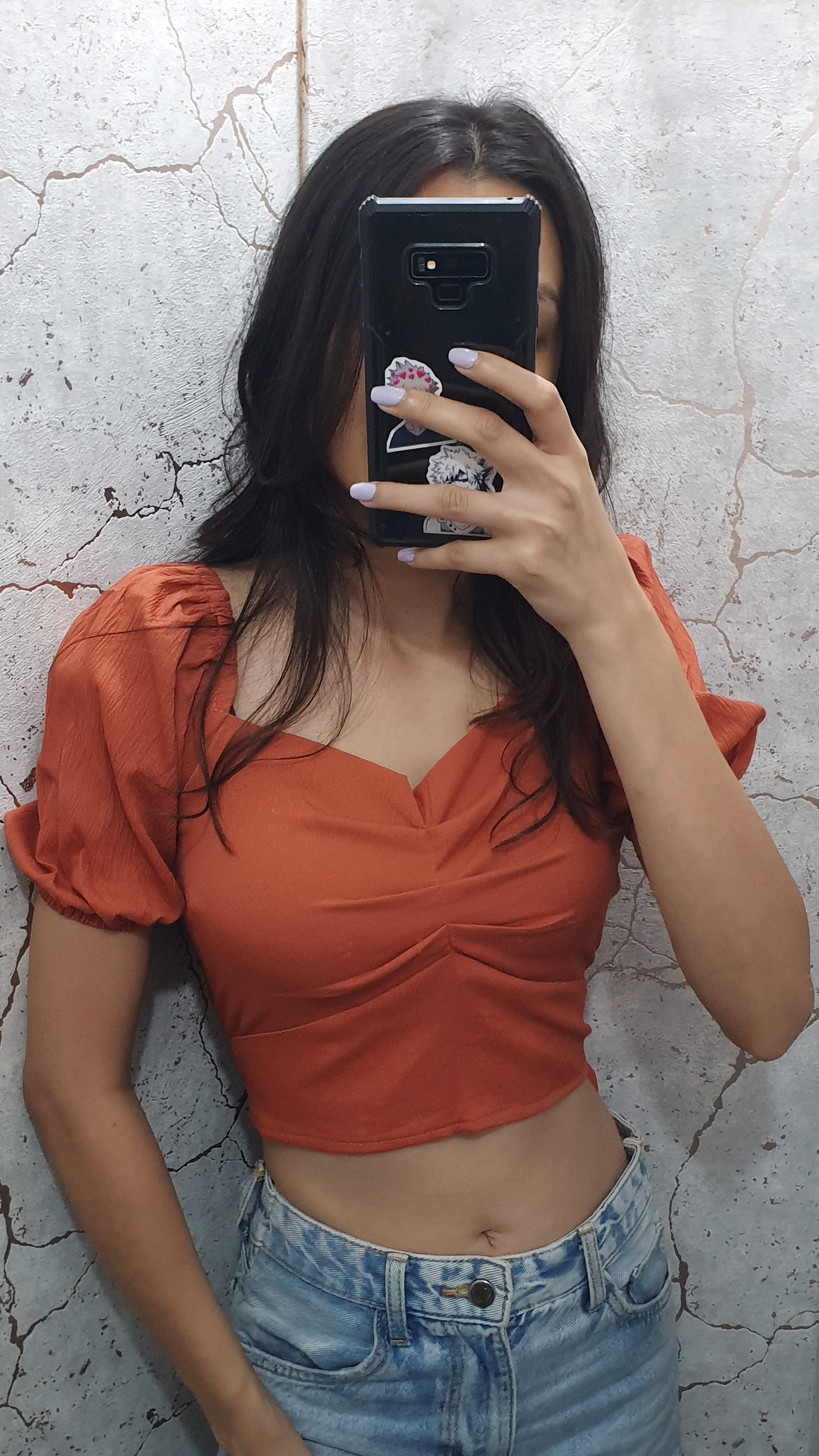 Rusty Orange Puff Sleeves Solid Croptop