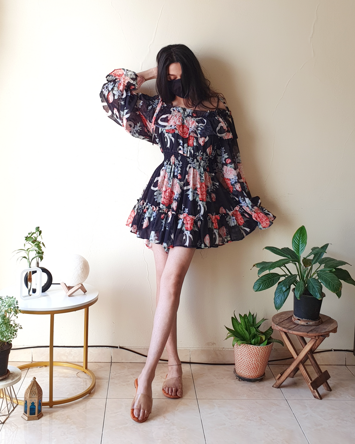 Black Floral Off-Shoulder Dress-like Playsuit