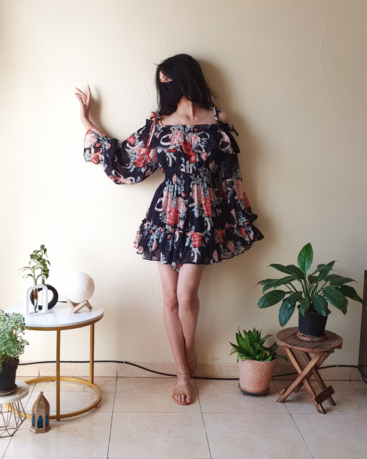 Black Floral Off-Shoulder Dress-like Playsuit