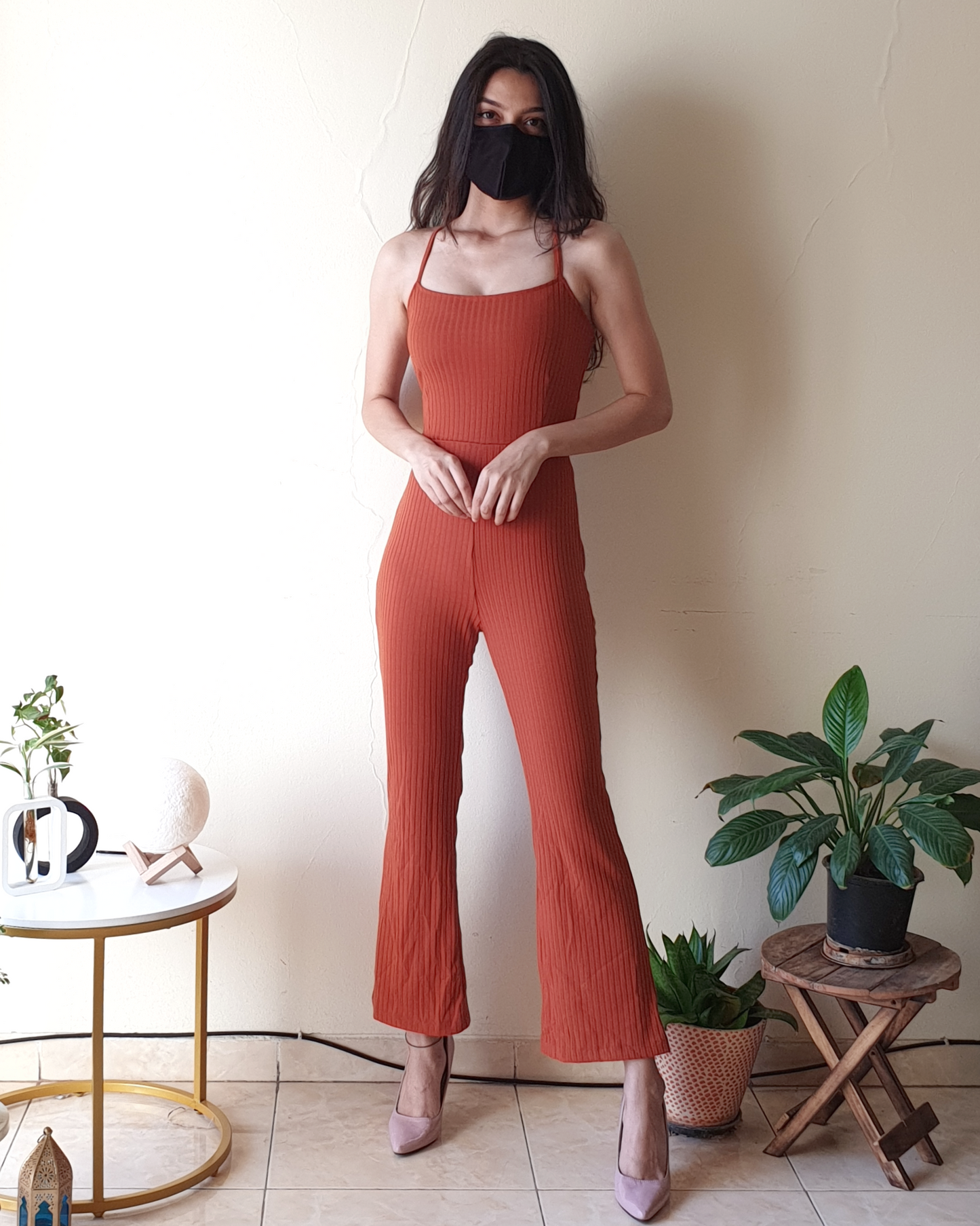 Rusty Orange Backless Bodycon Jumpsuit