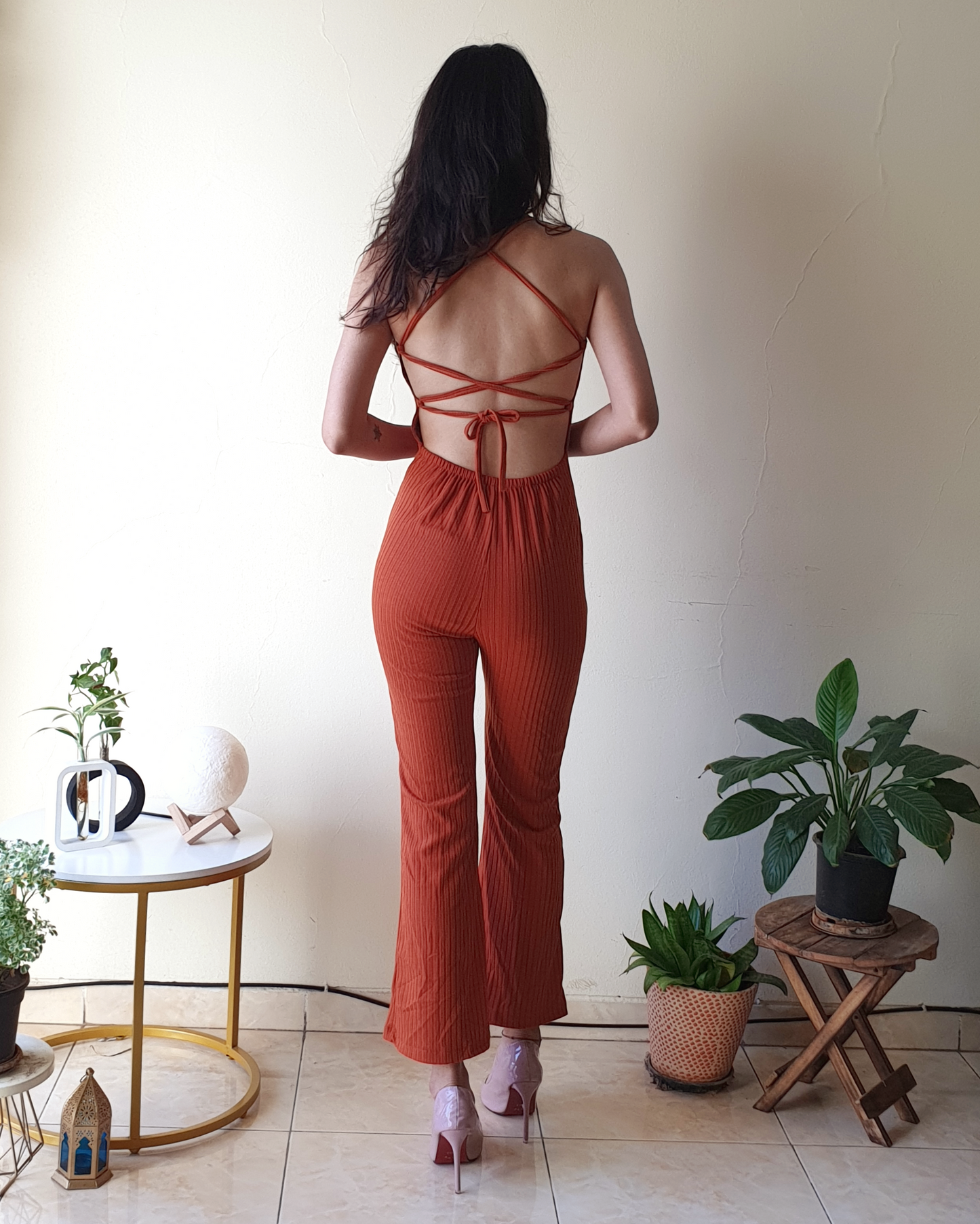 Rusty Orange Backless Bodycon Jumpsuit