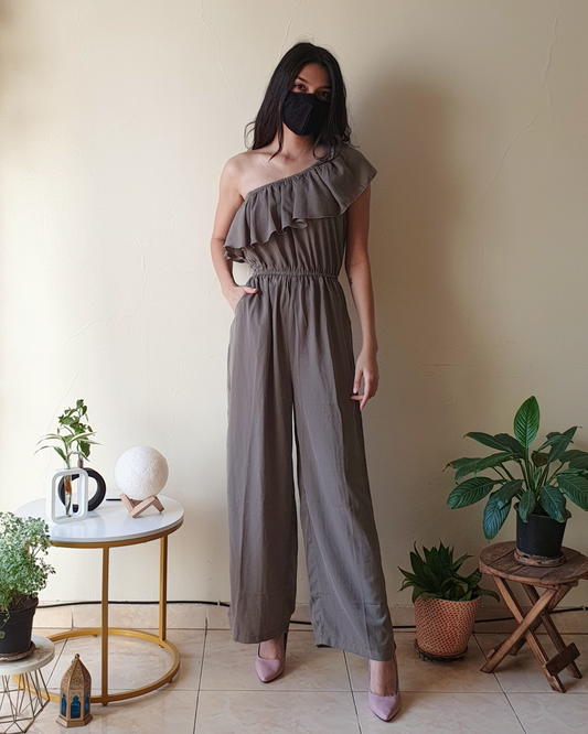 Olive Green One-Shoulder Ruffle Jumpsuit