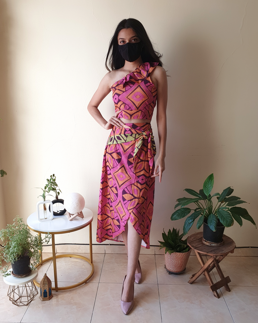 Pink & Orange Abstract Printed One-Shoulder Co-ord Set