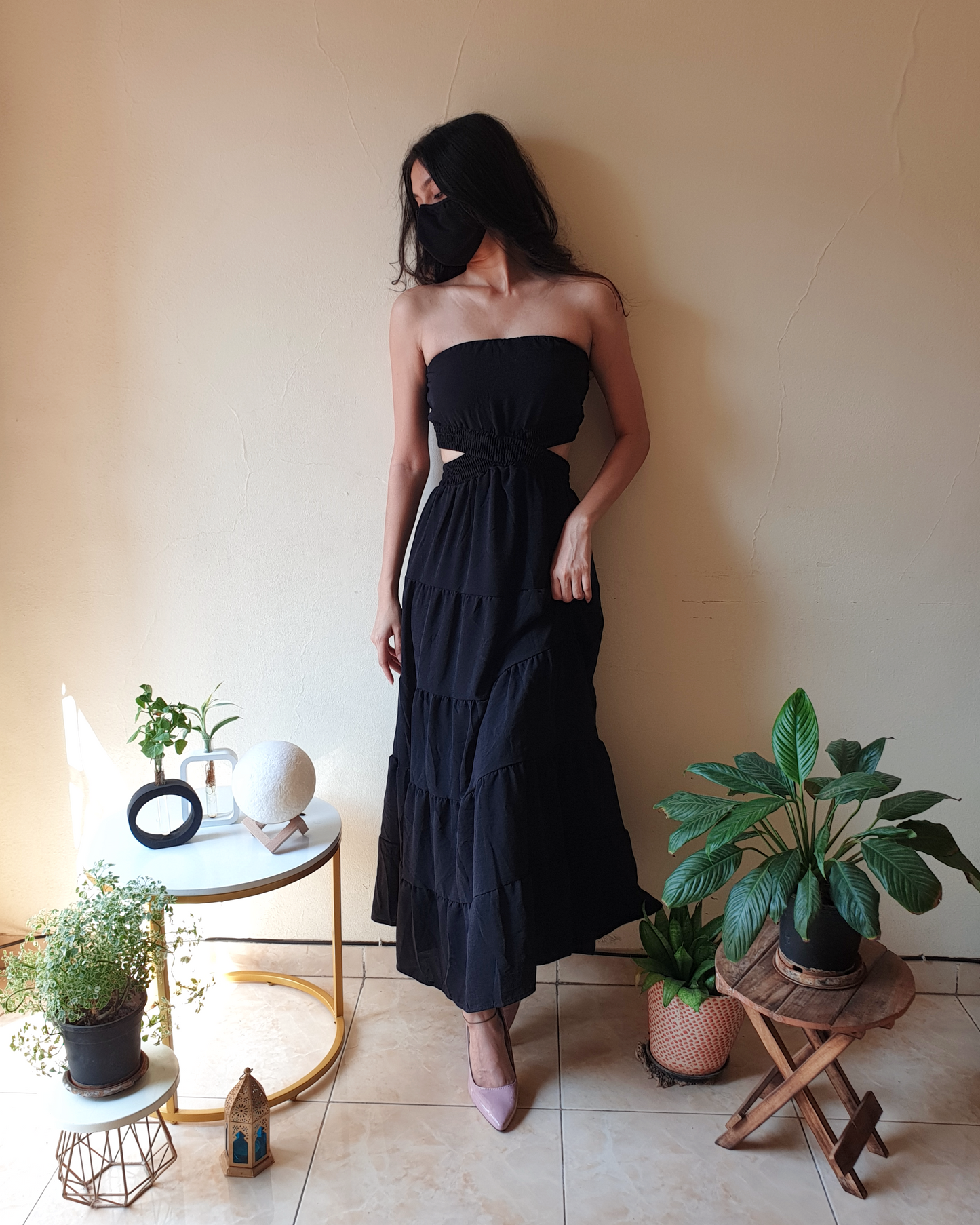 Black Tube Waist-cut A-line Maxi Dress