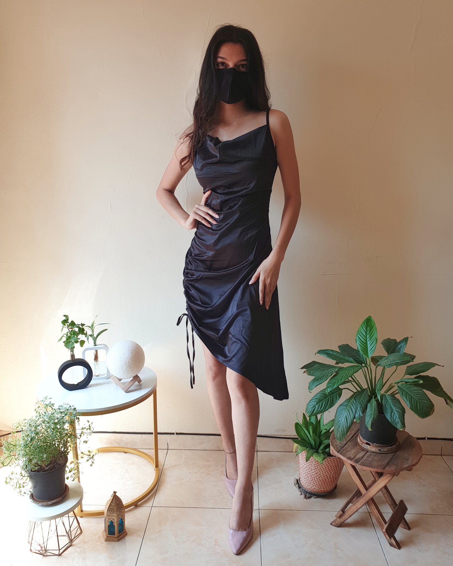 Black Satin Cowlneck Ruched Bodycon Asymmetric Dress