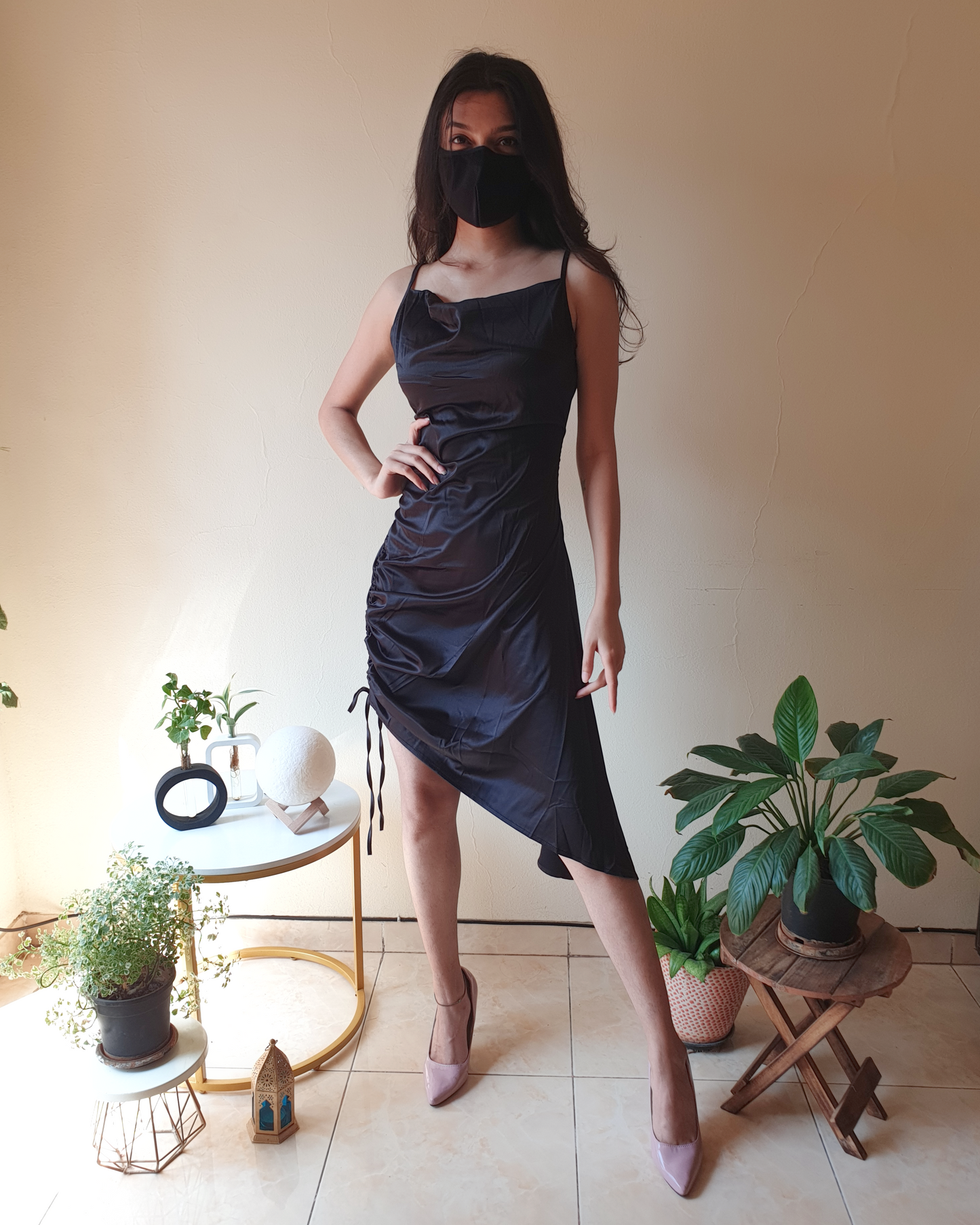 Black Satin Cowlneck Ruched Bodycon Asymmetric Dress