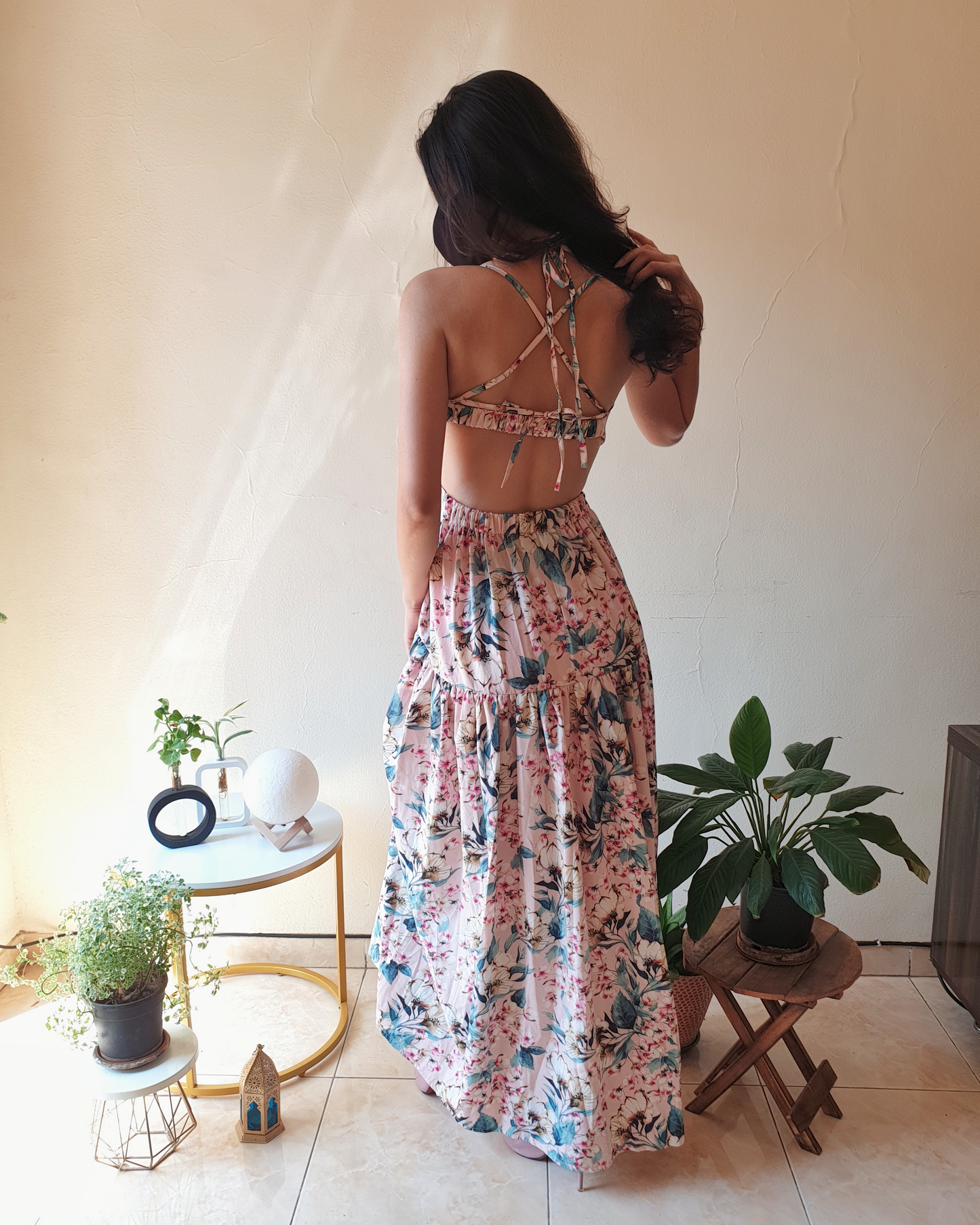 Pink Floral Backless A-line Maxi Dress