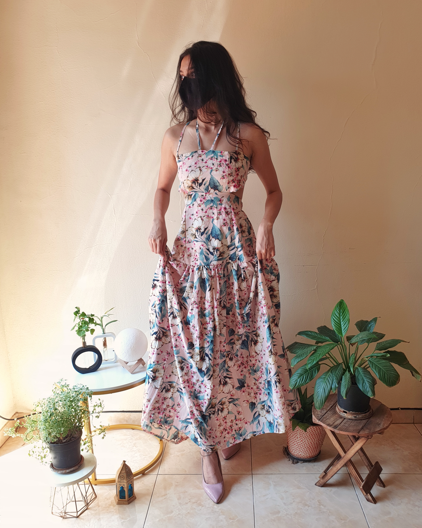 Pink Floral Backless A-line Maxi Dress