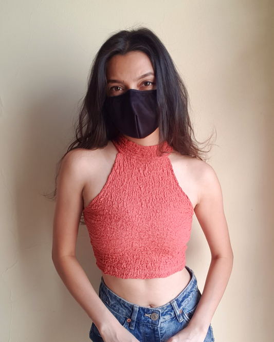 Rusty Red Solid Bubble Crepe Halter-neck Croptop