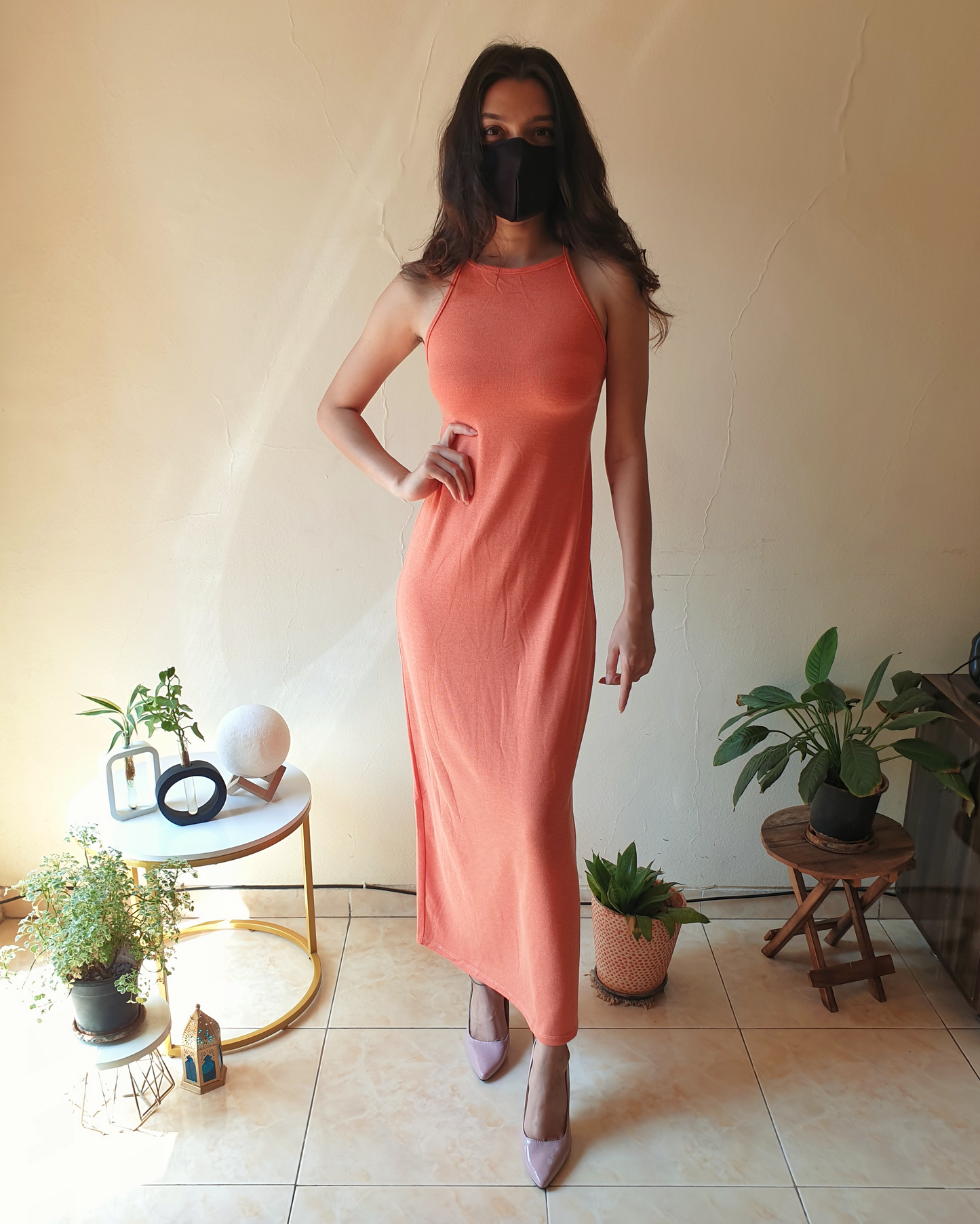 Orange Backless Halterneck Dress