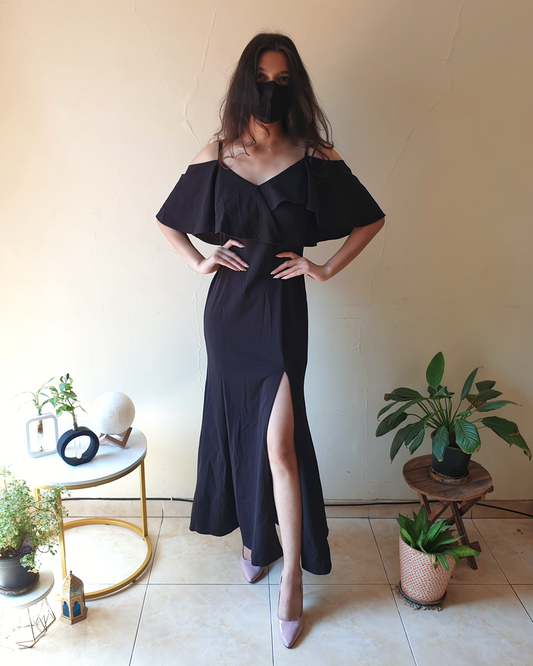 Black Off-Shoulder Ruffle Slit Gown