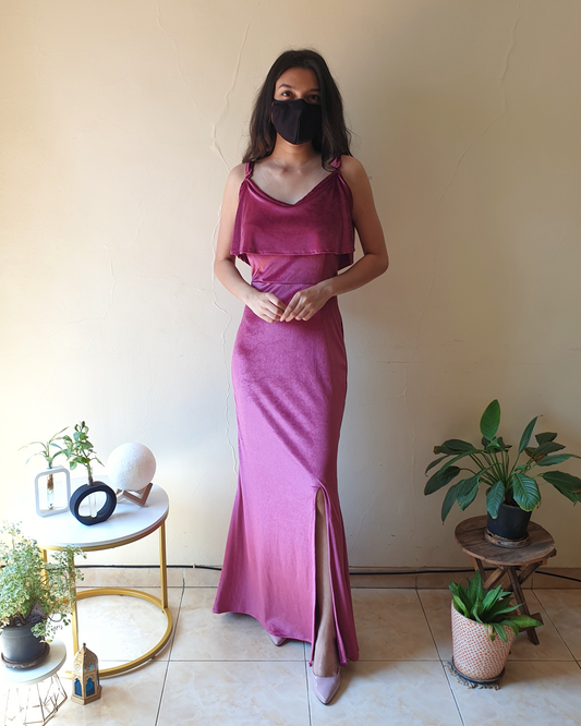 Magenta Pink Velvet Fishcut Slit Gown