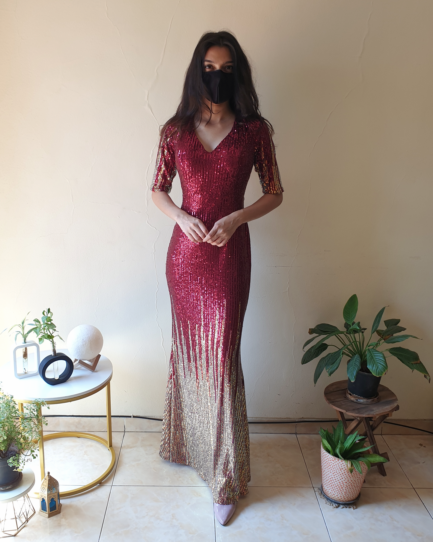 Maroon Ombre Sequined Fishcut Gown