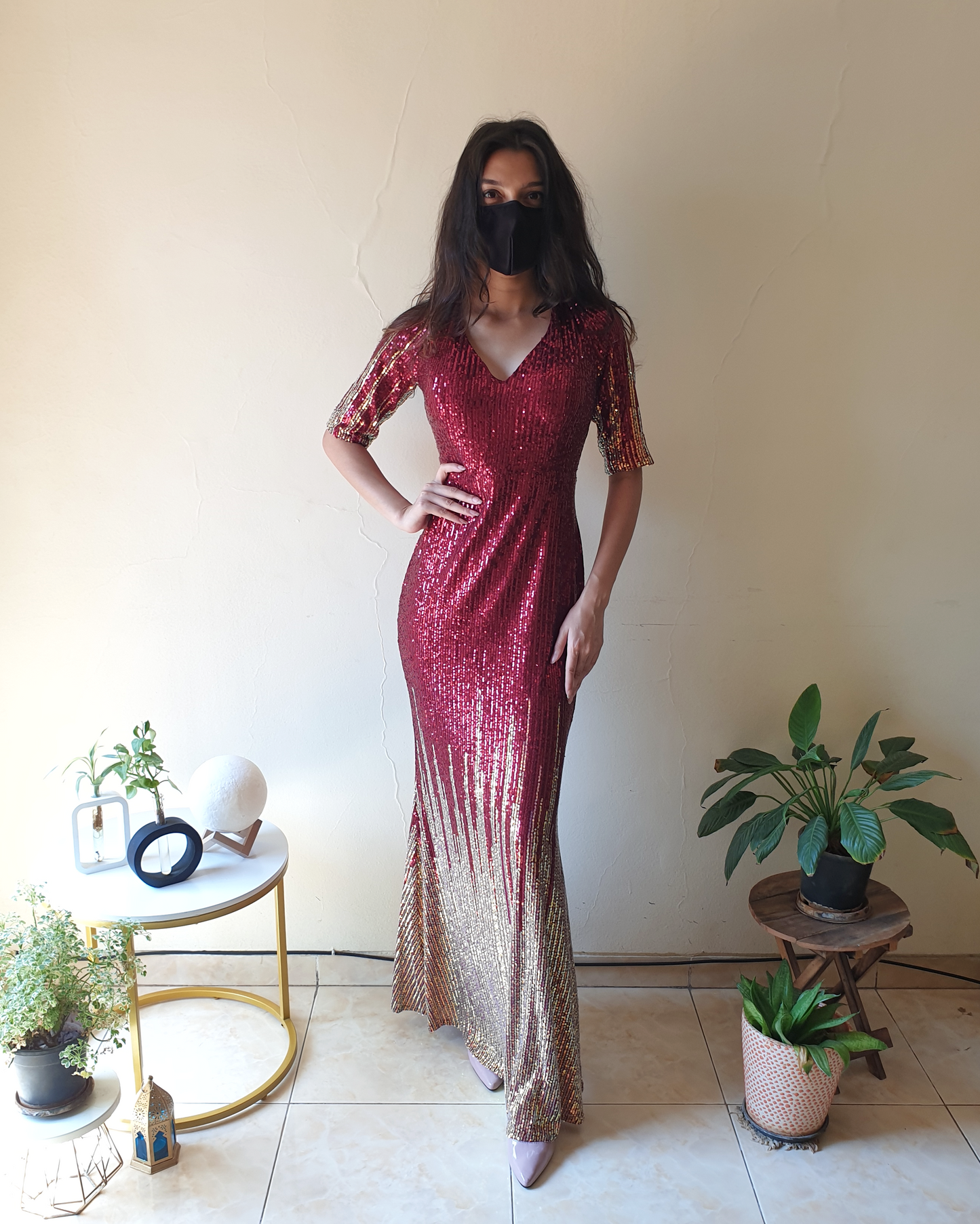 Maroon Ombre Sequined Fishcut Gown