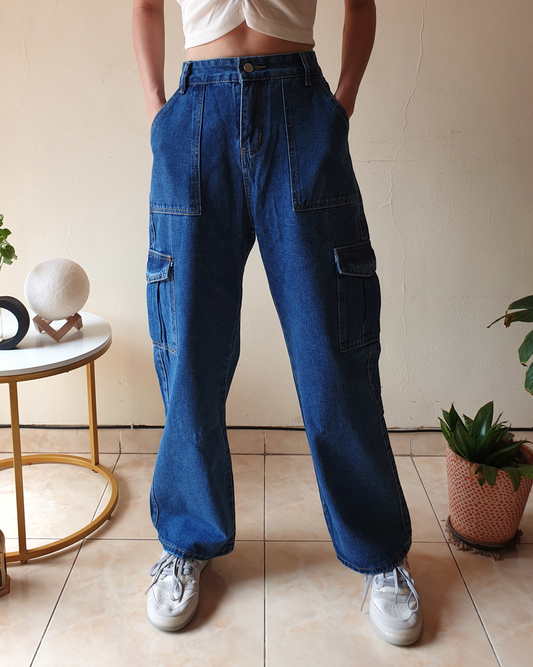 Blue Denim 4 Pockets Cargo Pants