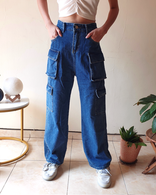 Blue Denim 6 Pockets Cargo Pants