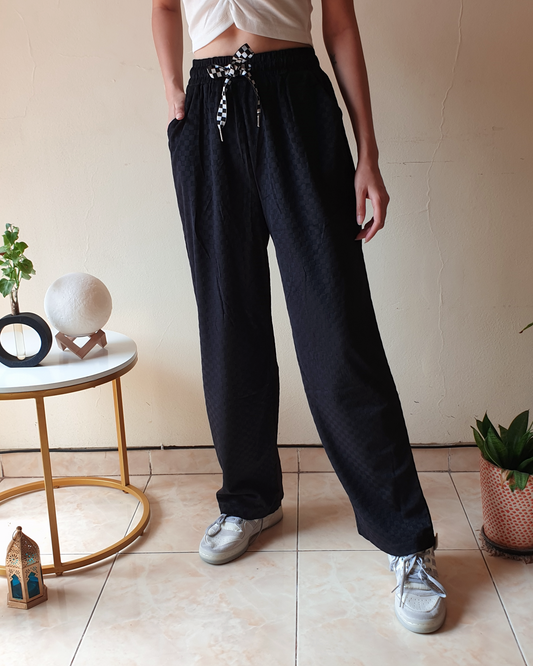 Black Wide-Leg Checked Velvet Sporty Pants