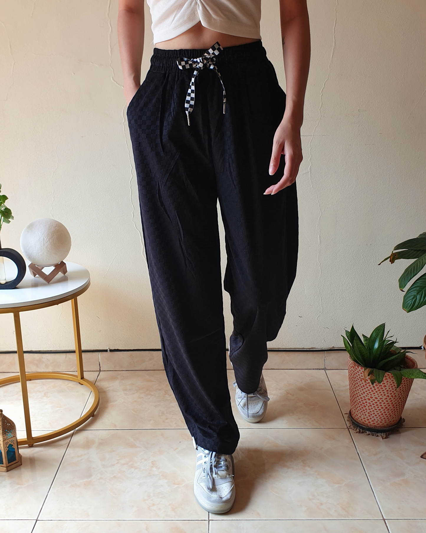 Black Wide-Leg Checked Velvet Sporty Pants