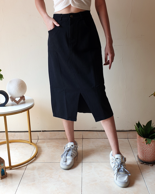 Black Mid-Length Denim Skirt