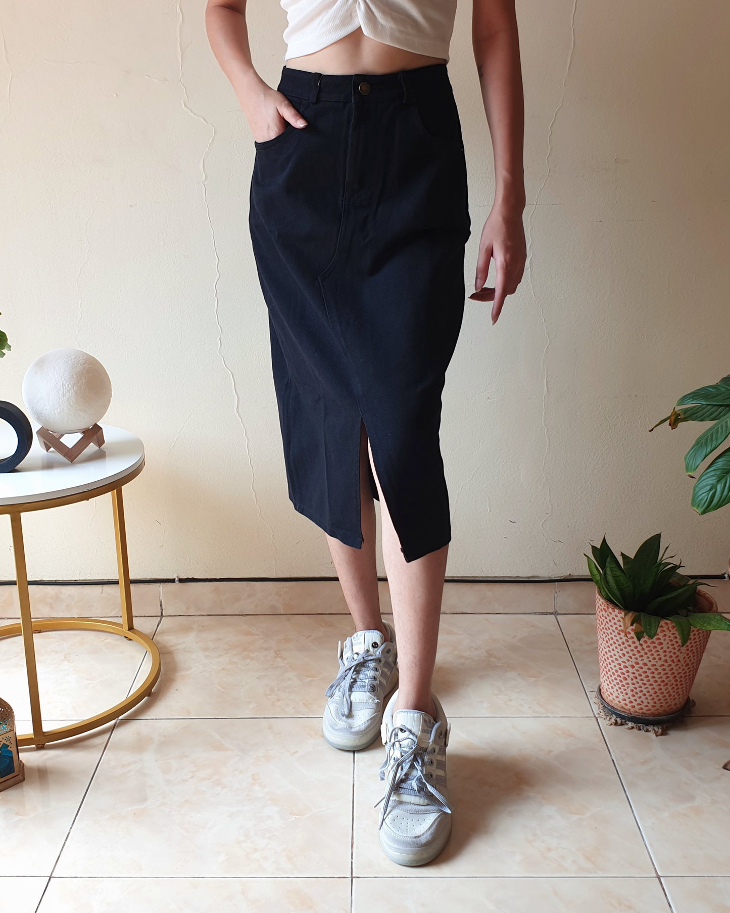 Black Mid-Length Denim Skirt