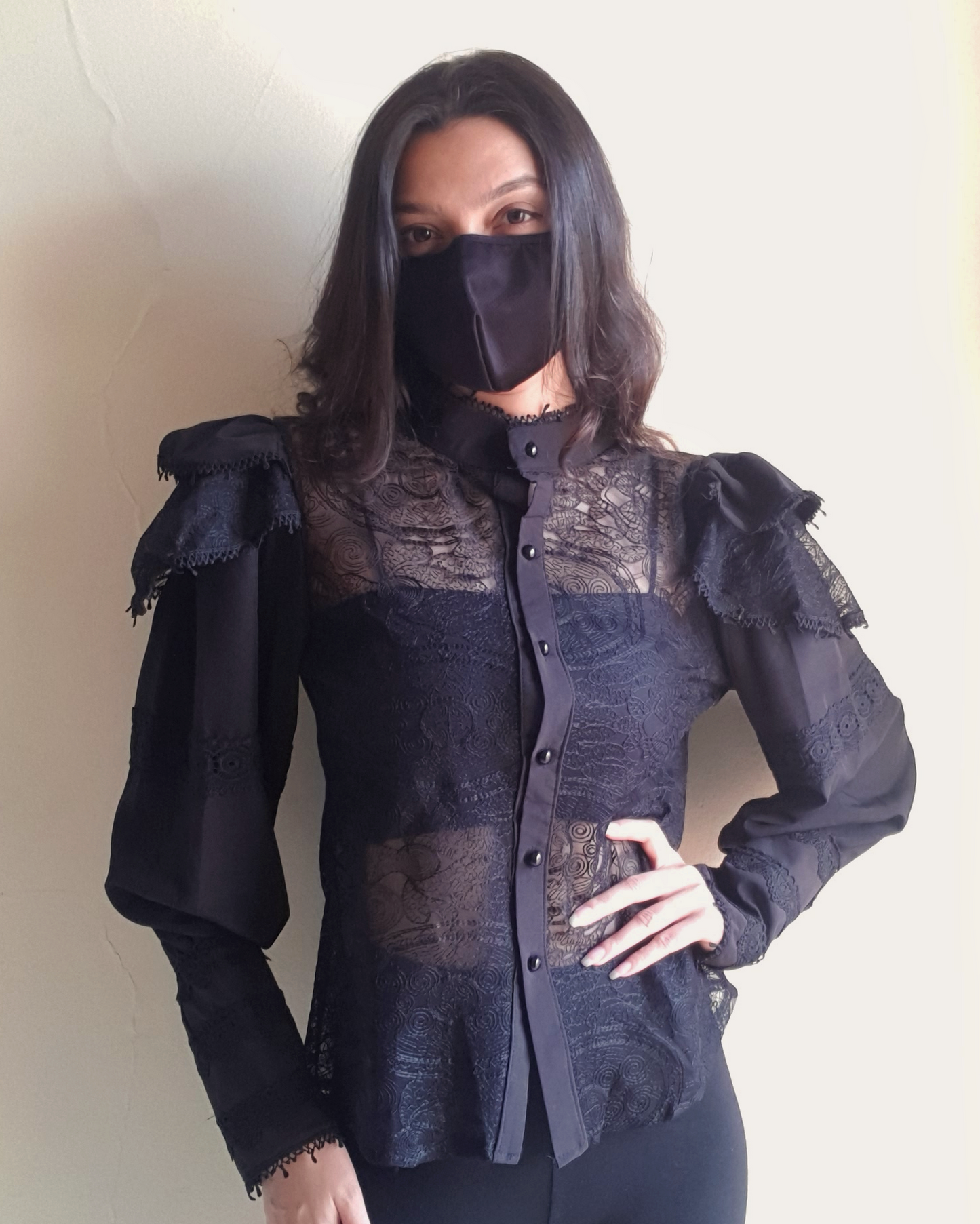 Black Embroidered Net Ruffle Shirt