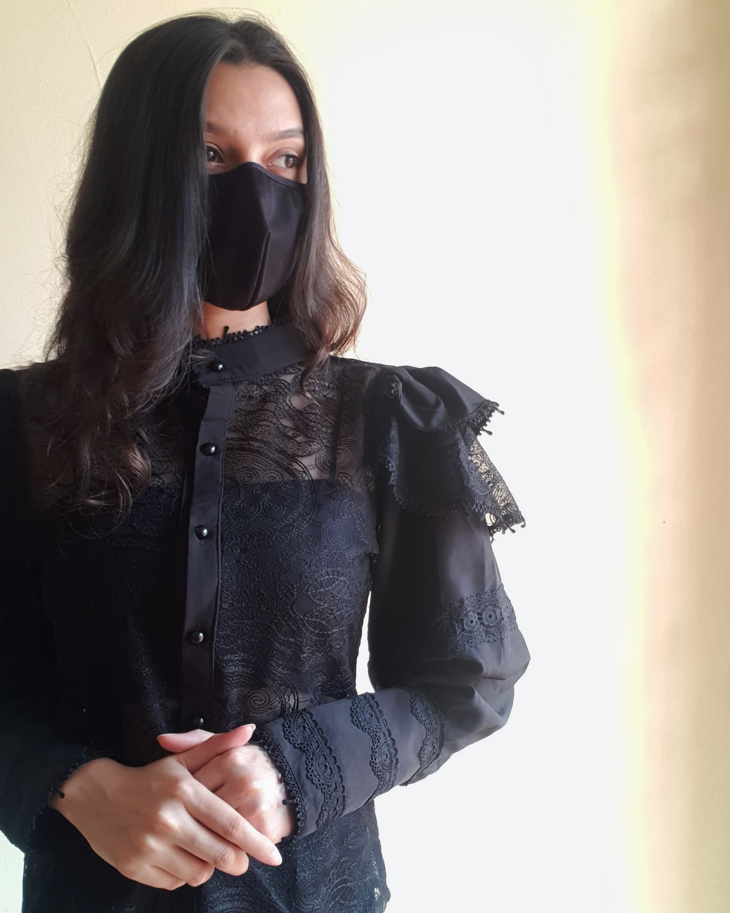 Black Embroidered Net Ruffle Shirt