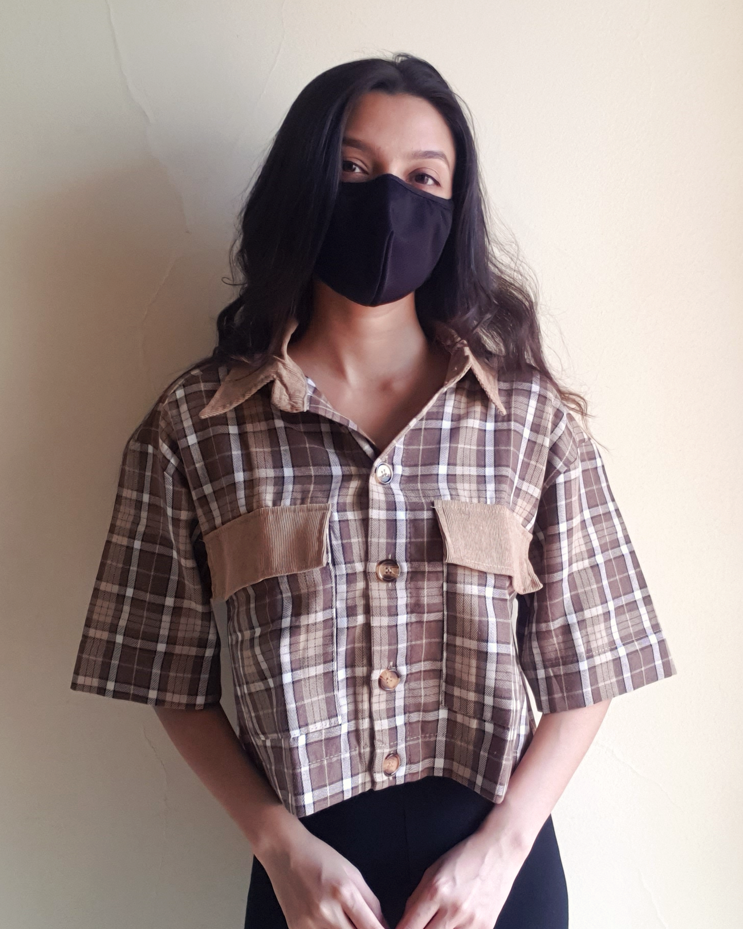 Brown Plaid Oversized Crop Shirt