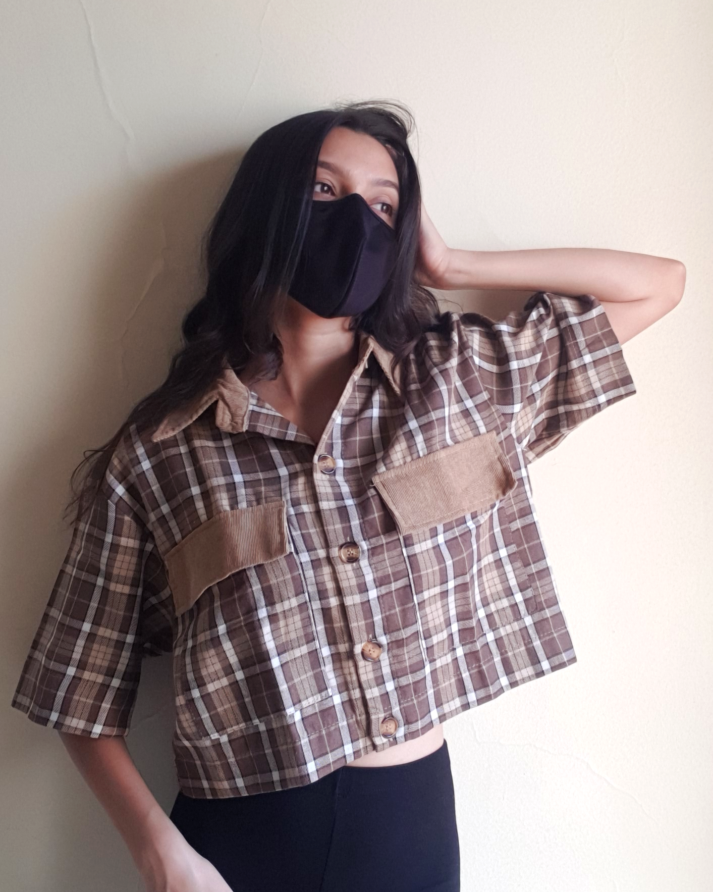 Brown Plaid Oversized Crop Shirt