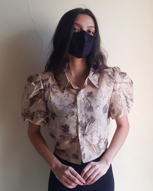 Beige Floral Puff Shoulder Crop Shirt