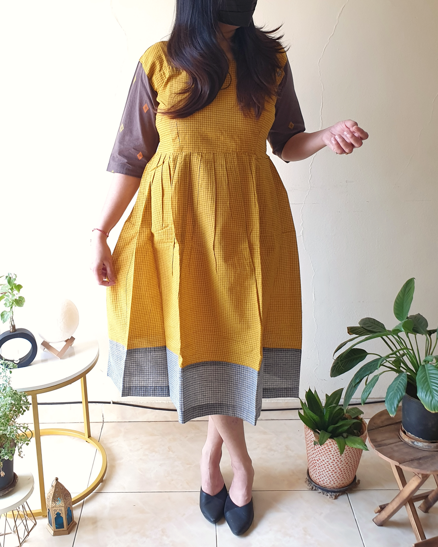 Yellow & Grey Checked Casual Summer Dress