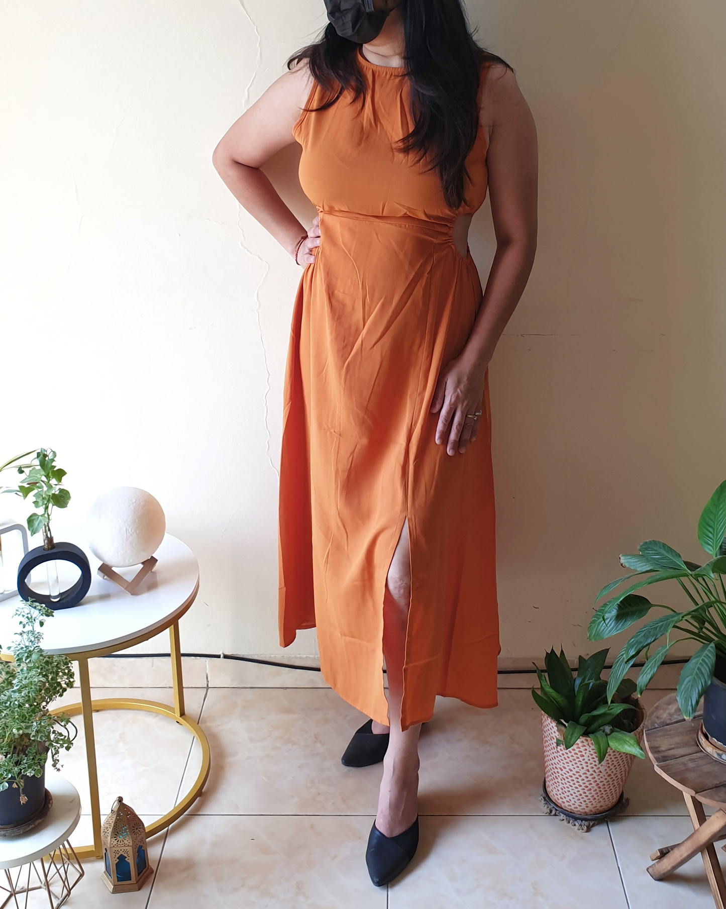 Orange Sleeveless WaistCut Slit Gown