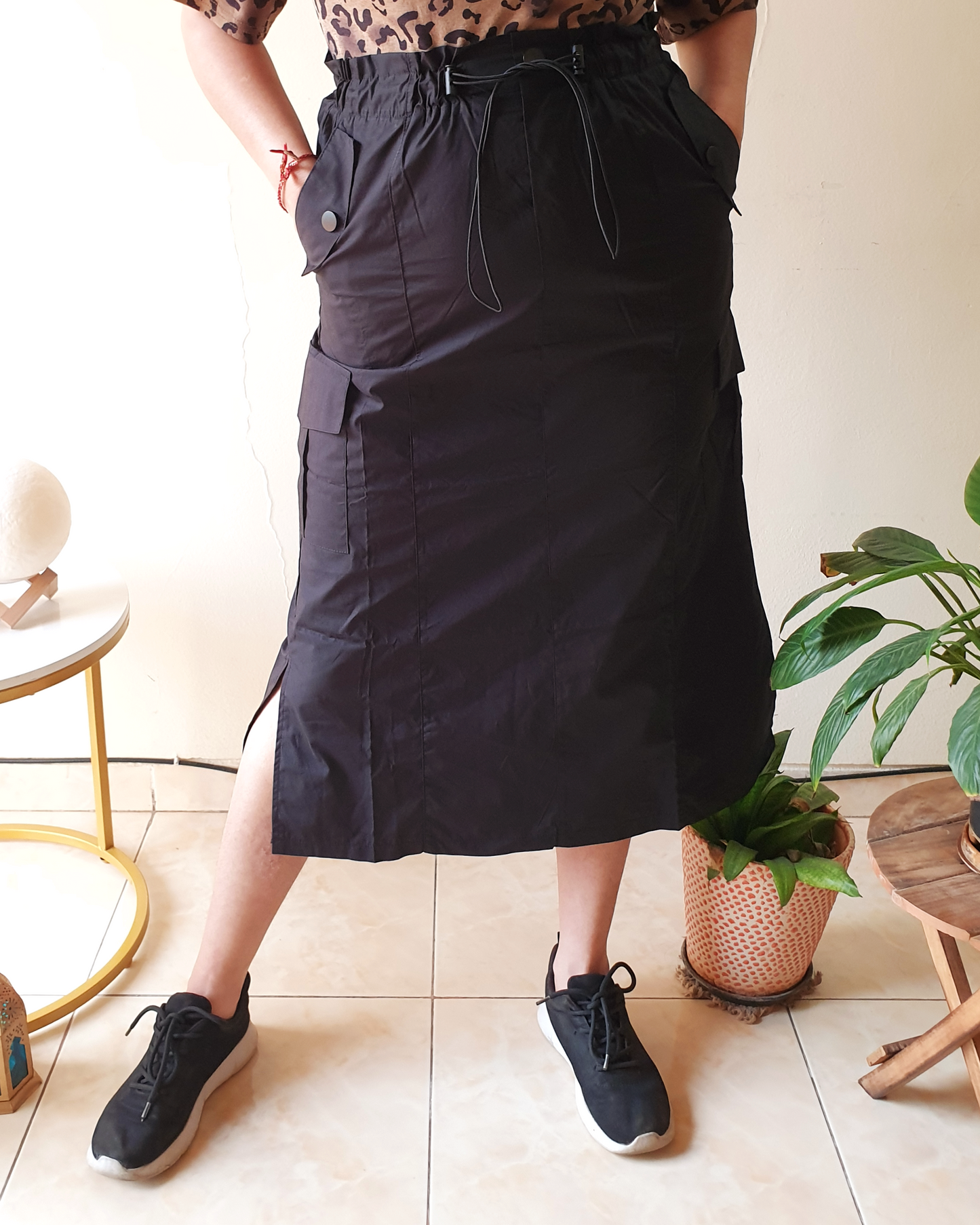 Black Midlength Parachute Cargo Skirt