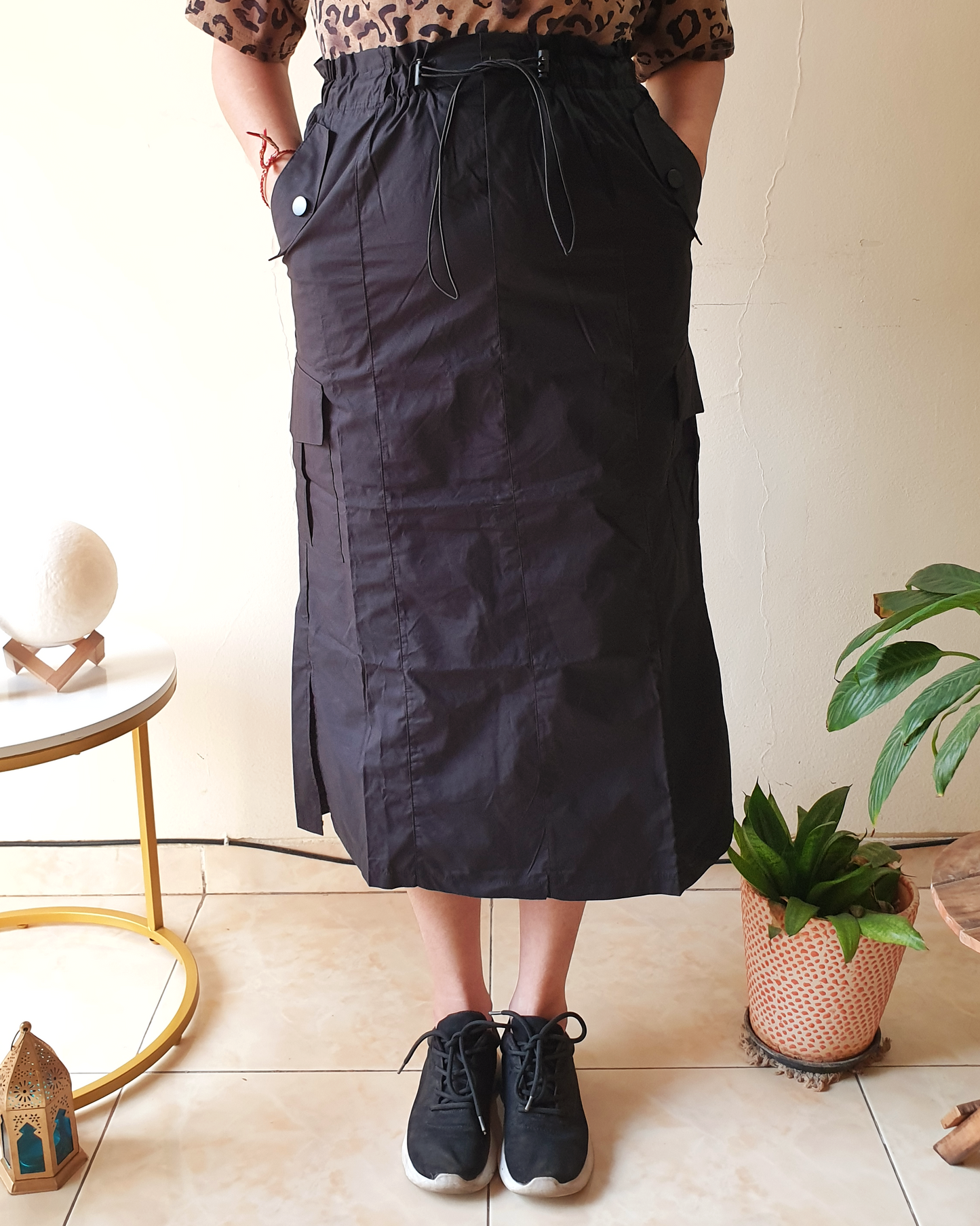 Black Midlength Parachute Cargo Skirt