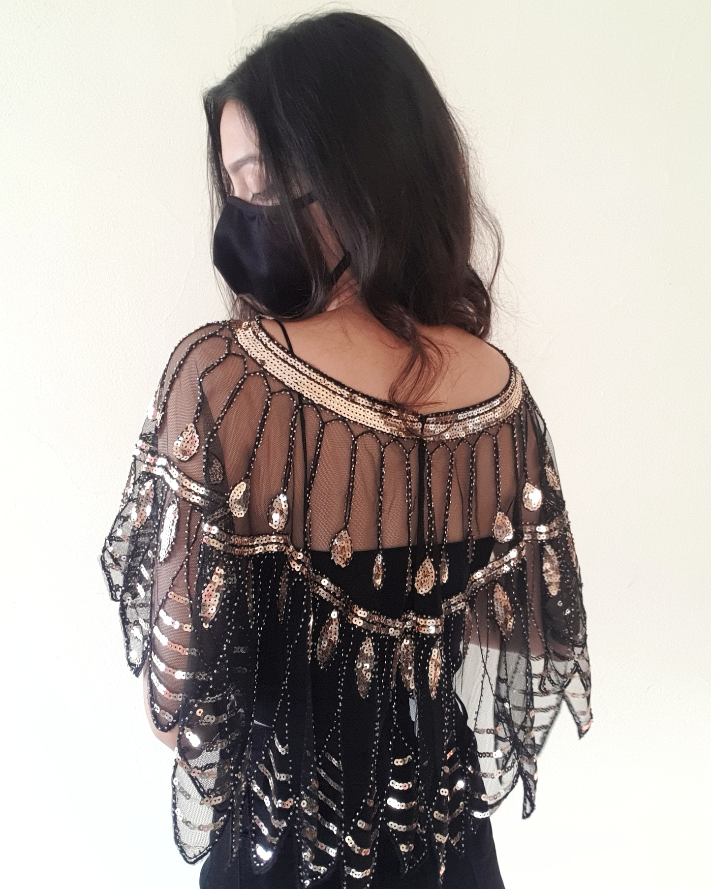 Black & Gold Sequins Embroidered Net Victorian Cape Shrug