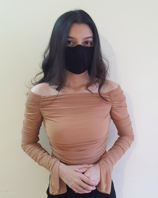 Nude Beige Ruched Off Shoulder Mesh Sheer Croptop