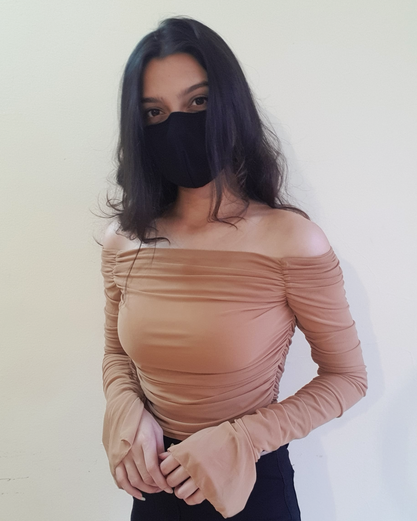 Nude Beige Ruched Off Shoulder Mesh Sheer Croptop