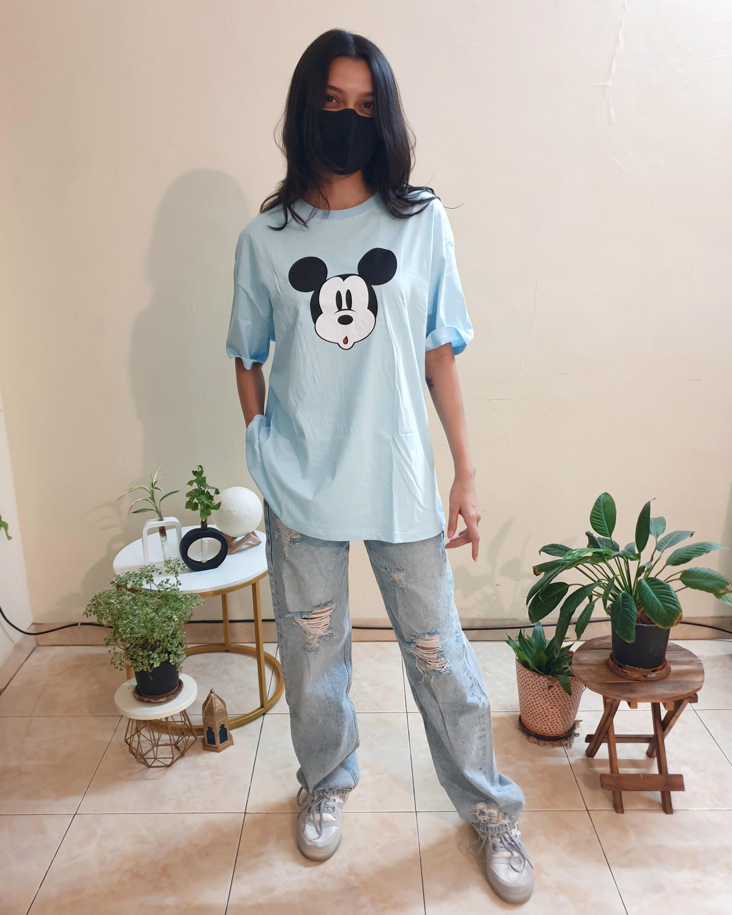 Pastel Blue Mickey Oversized Graphic Front-Print Tee