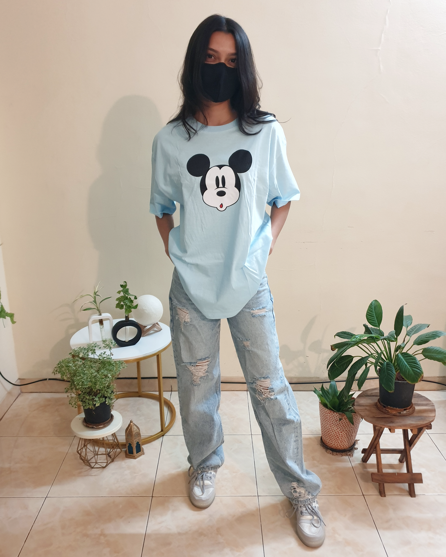 Pastel Blue Mickey Oversized Graphic Front-Print Tee