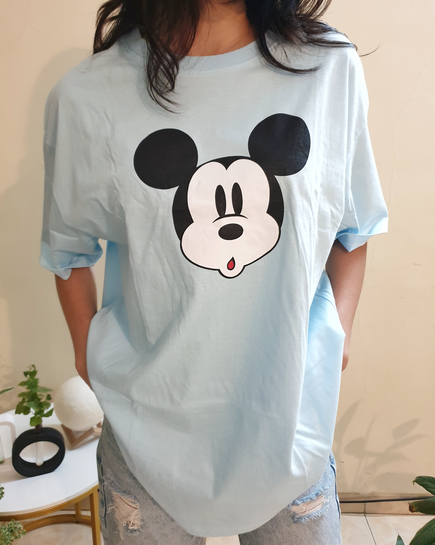 Pastel Blue Mickey Oversized Graphic Front-Print Tee