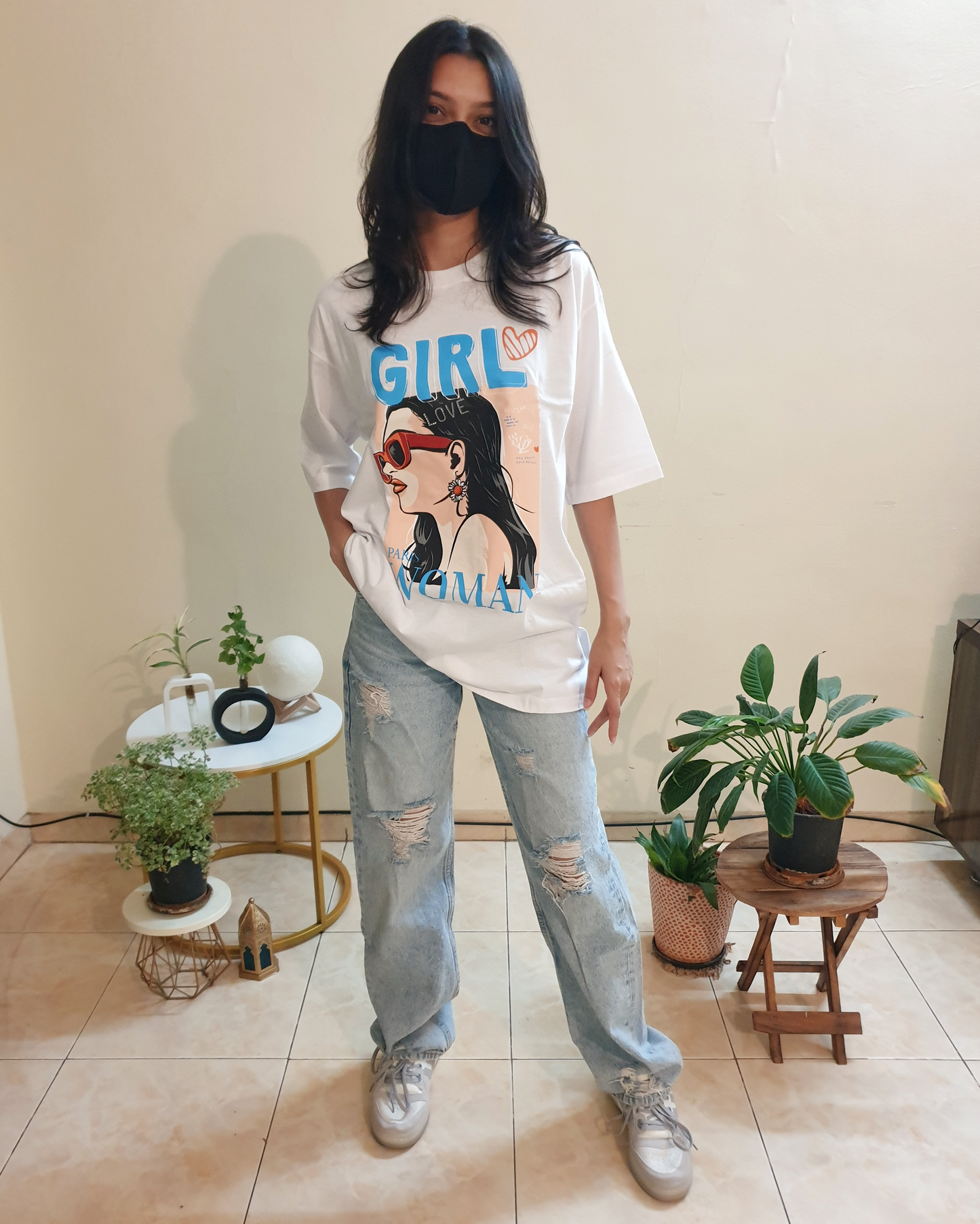 White Oversized Girl Graphic Front-Print Tee