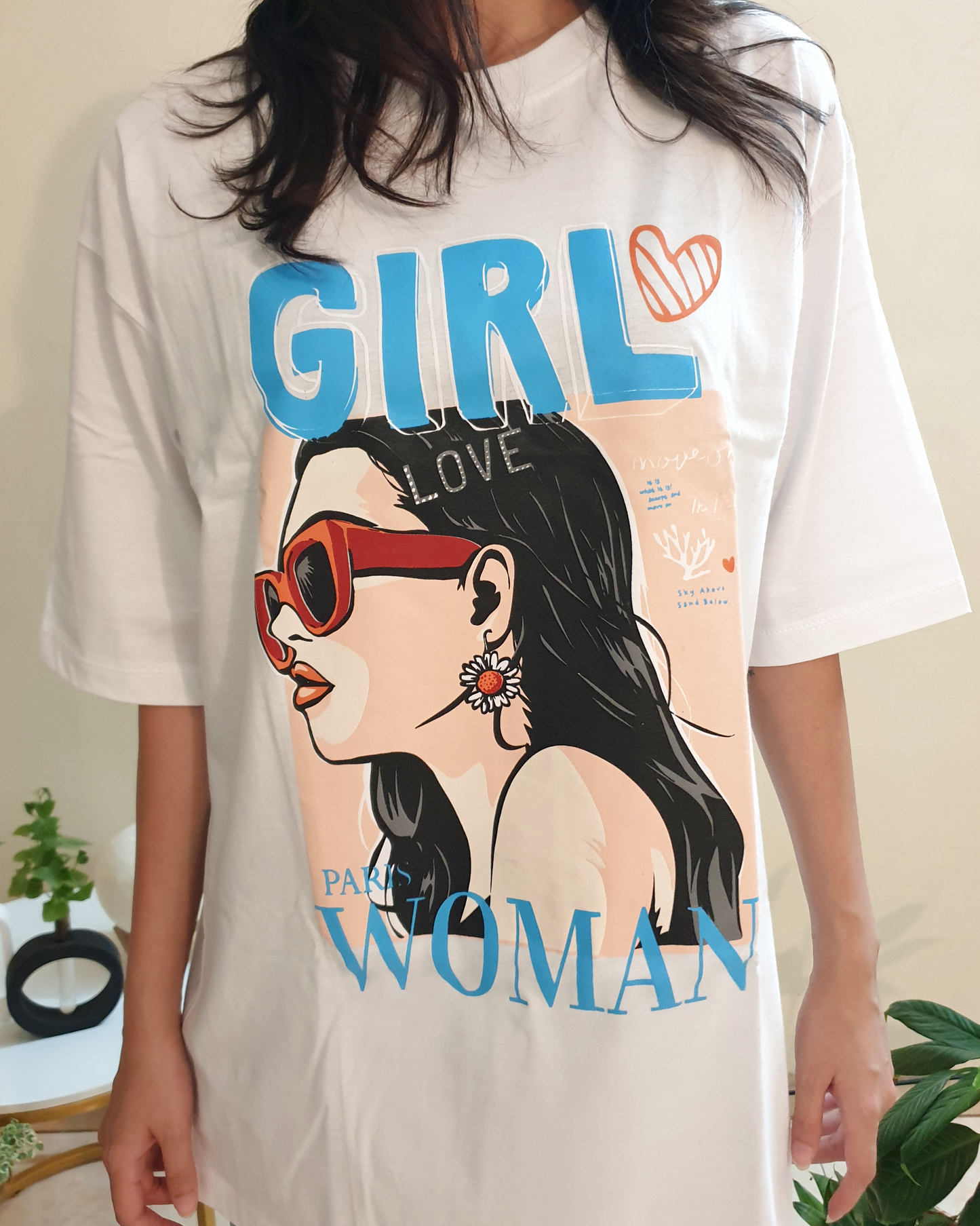 White Oversized Girl Graphic Front-Print Tee