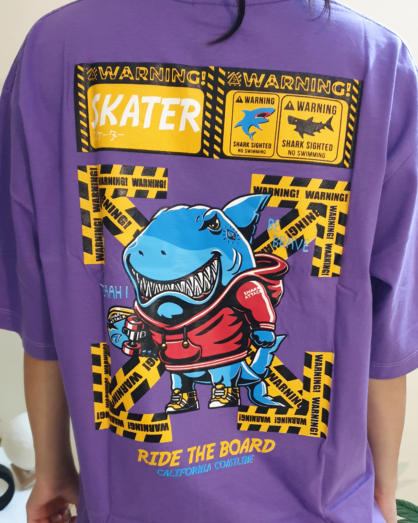 Purple Skater Shark Unisex Oversized Graphic Back-Print Tee