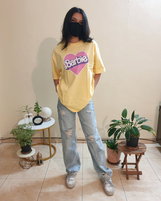 Pastel Yellow Barbie Oversized Graphic Front-Print Tee