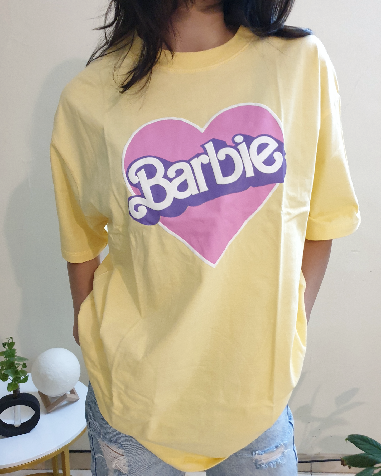 Pastel Yellow Barbie Oversized Graphic Front-Print Tee