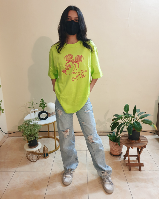 Neon Green Mickey Oversized Graphic Front-Print Tee