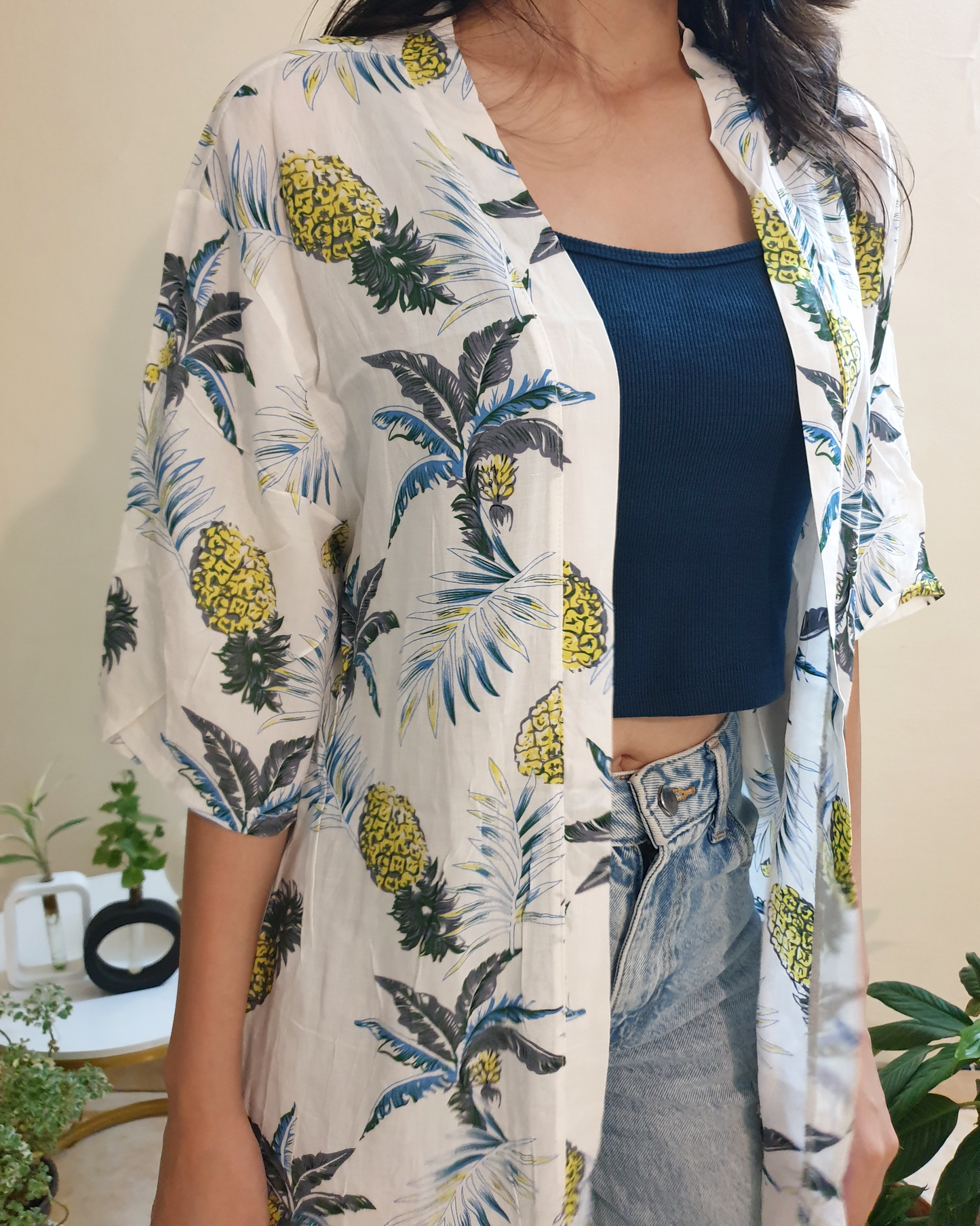 White Tropical Printed Long Shrug