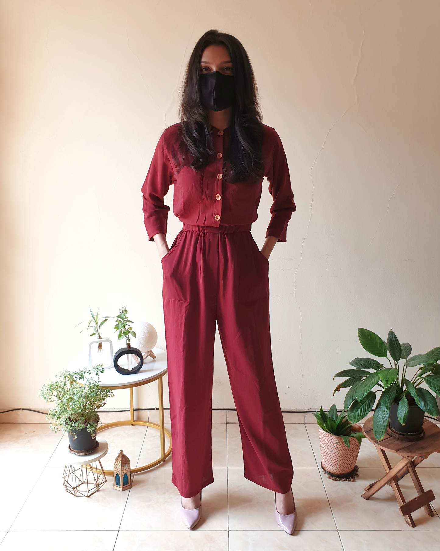 Maroon Solid Buttoned-Up Smart Jumpsuit