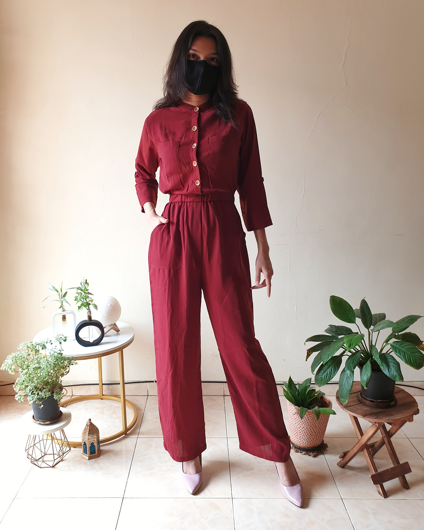 Maroon Solid Buttoned-Up Smart Jumpsuit