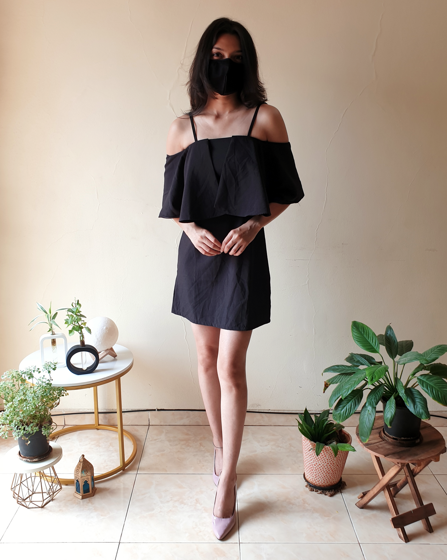 Black Ruffle Off-Shoulder Singlet Straight Fit Dress